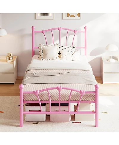 gaomon Twin Xl Bed Frame for Kids With Heart Headboard and Footboard Metal Slats Noiseless No Box Spring Needed