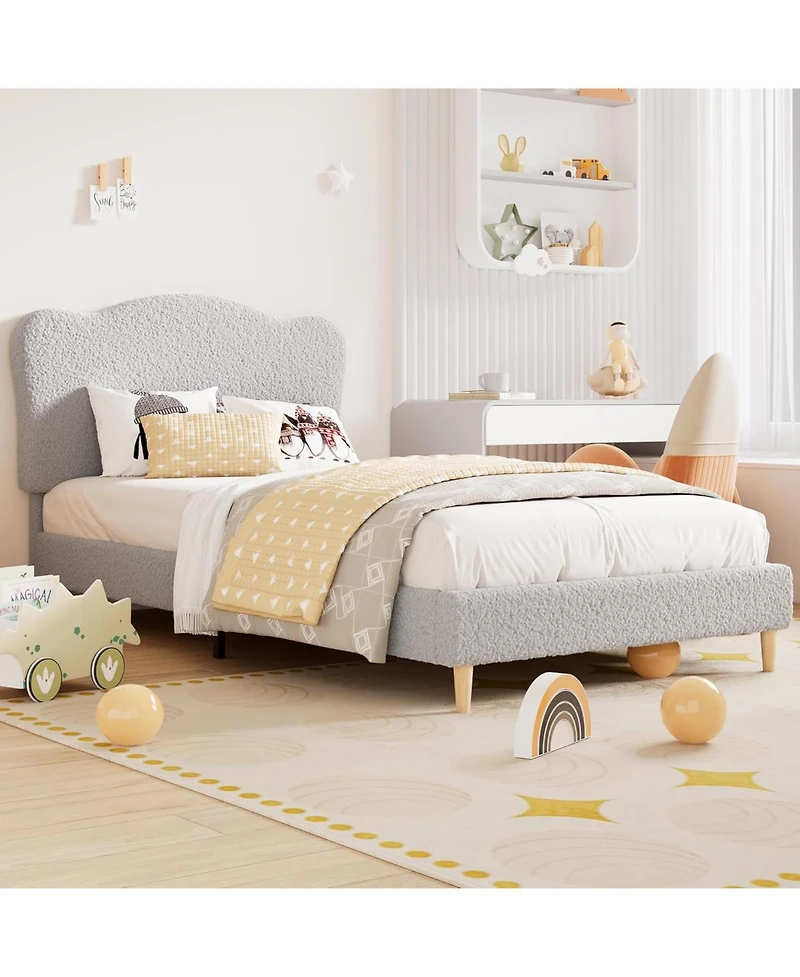 gaomon Twin Bed Frame With Scallop Velvet Headboard Platform Bed For Kids Boys Girls Wooden Slats No Box Spring