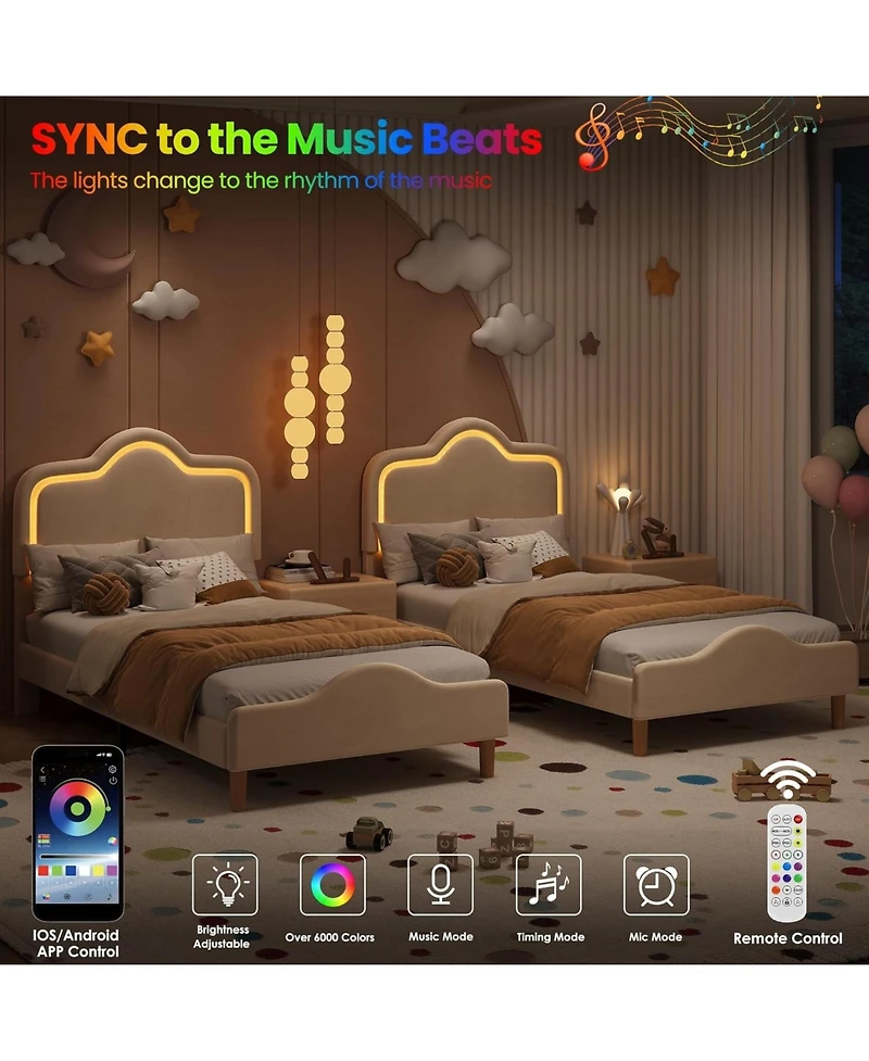 gaomon Princess Platform Bed Frame with Rgb Led Lights Adjustable Velvet Headboard Wood Slat Support No Box Spring