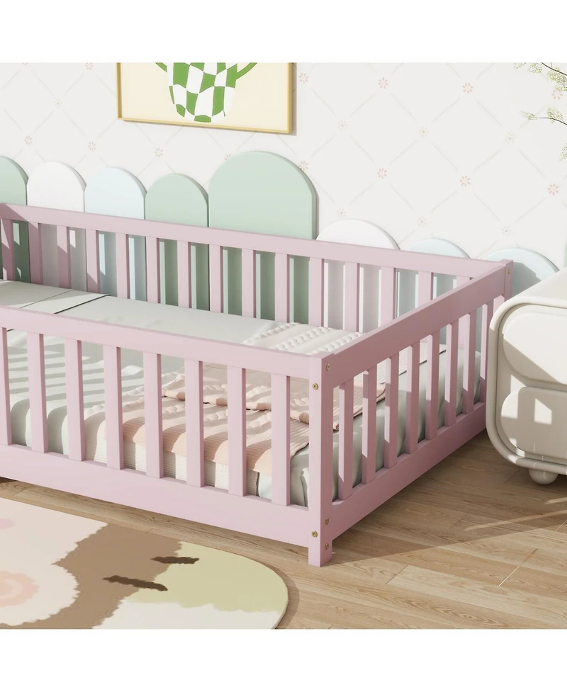 Streamdale Furniture Twin Floor Bed with Fence, Rubber Wood