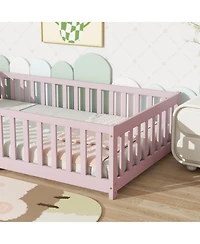 Streamdale Furniture Twin Floor Bed with Fence, Rubber Wood