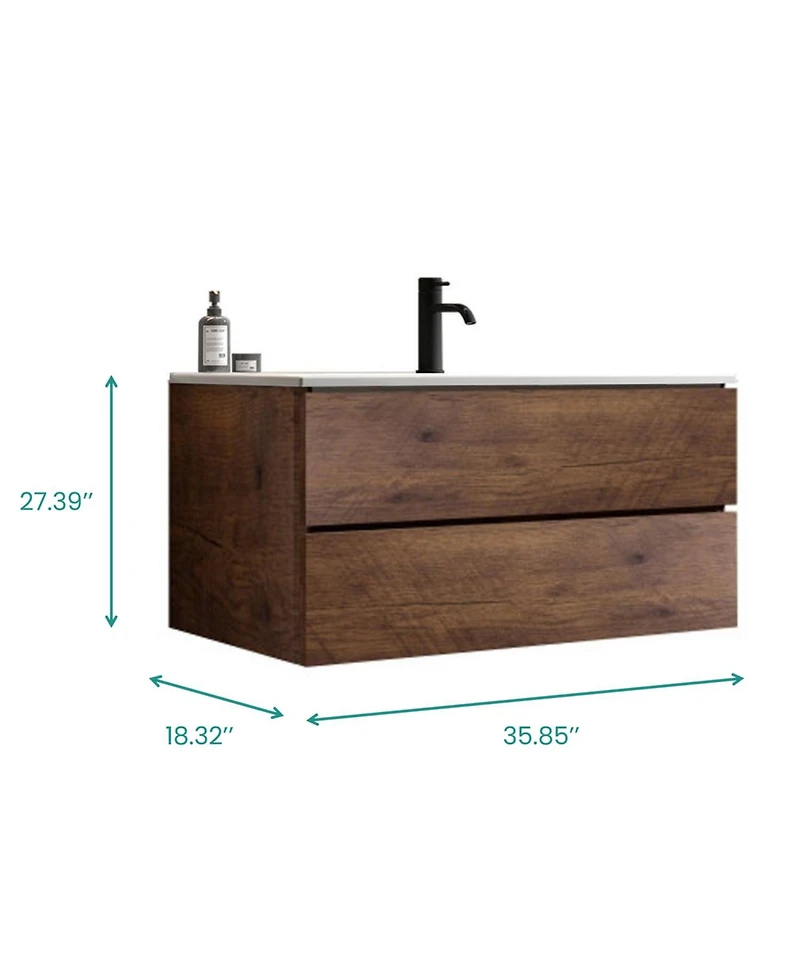Streamdale Furniture 36" Walnut Wall-Mount Vanity w/ Ceramic Sink