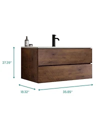 Streamdale Furniture 36" Walnut Wall-Mount Vanity w/ Ceramic Sink