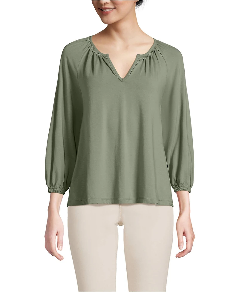 Lands' End Women's Lightweight Jersey Notch Neck Gather Blouse