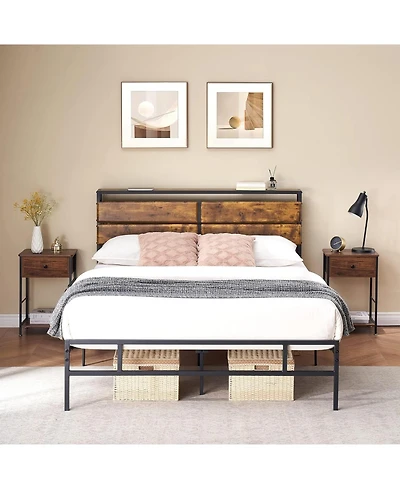 gaomon Queen Metal Platform Bed Frame With Storage Vintage Wood Headboard Strong Slats Mattress Support