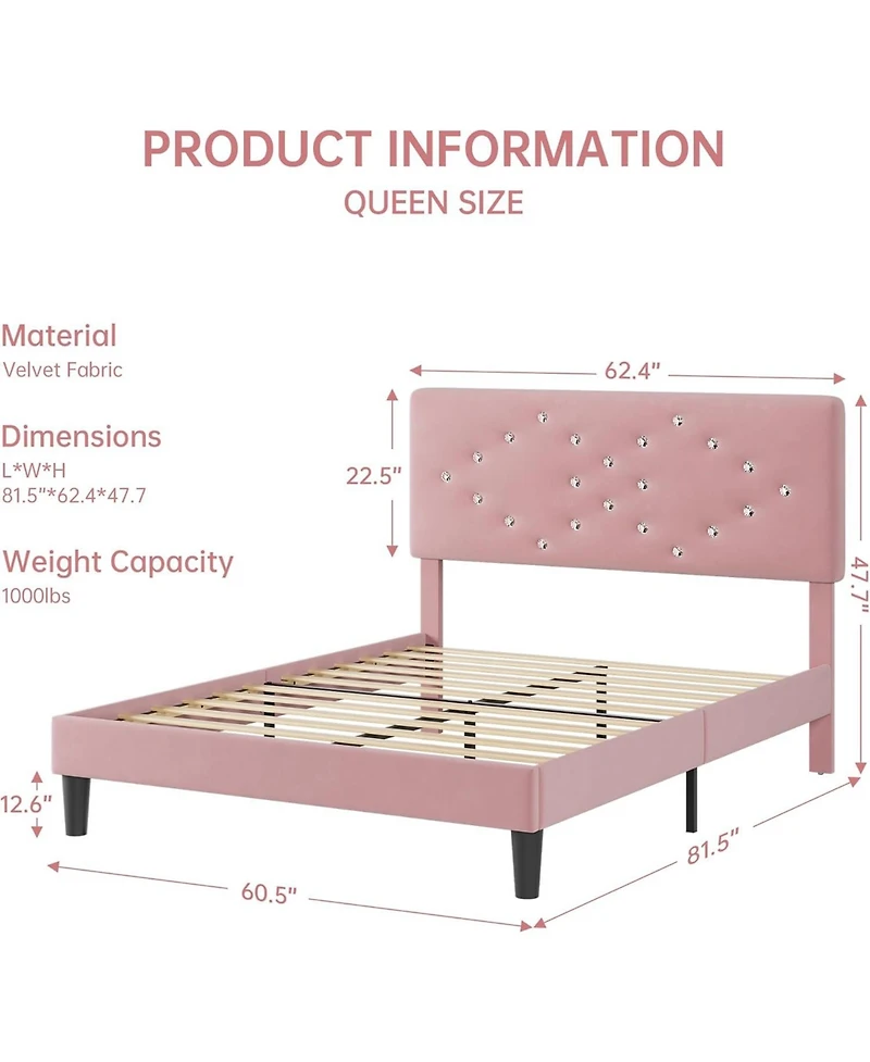 gaomon Queen Bed Frame with Headboard Upholstered Platform Crystal Diamond Tufted for Kids Easy Assembly Wood Slats No Box Spring