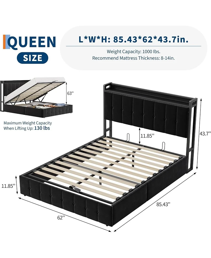 gaomon Queen Bed Frame with Lift Up Storage Upholstered Velvet Storage Headboard Hydraulic Metal Platform No Box Spring