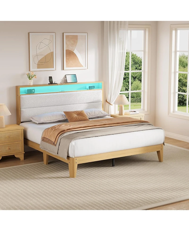gaomon Boucle Bed Frame with Headboard Led Smart Rgb Charging Multi Functional Storage Space Sturdy Easy Build