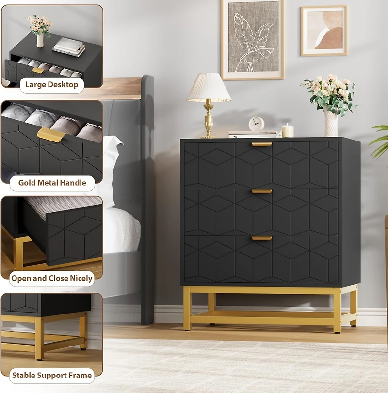 gaomon 3 Drawer Dresser with Metal Legs, Wood Storage Chest Organizer for Bedroom, Living Room, Hallway