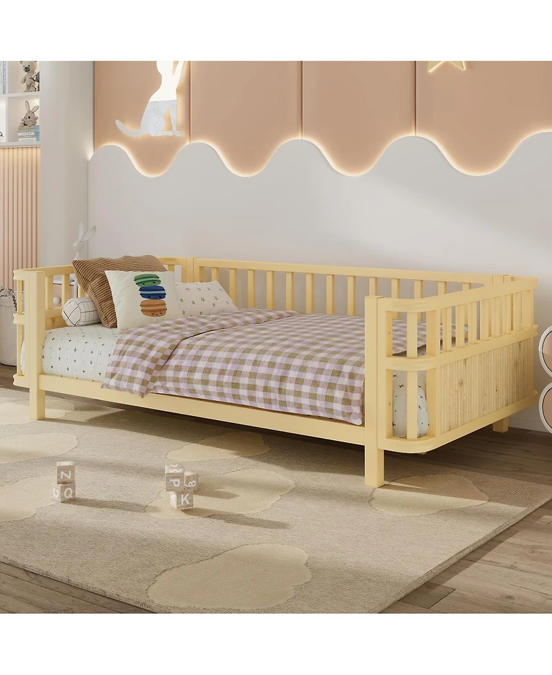 Streamdale Furniture Children's double wooden platform bed with railings (Twin, Natural)