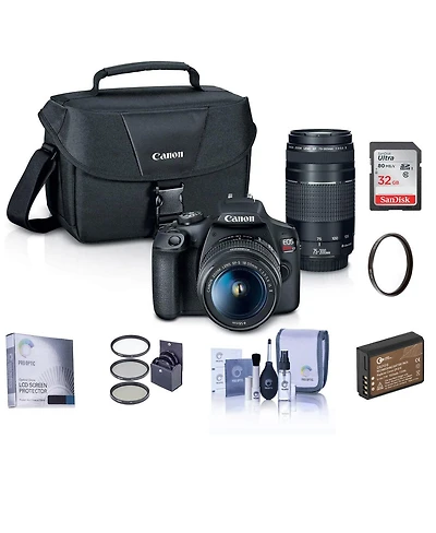 Canon Eos Rebel T7 Dslr Camera with Ef-s 18-55mm and Ef 75-300mm Lens Essential Bundle with Bag, Battery, Filter Kit, 32GB Sd Card, Screen Protector,