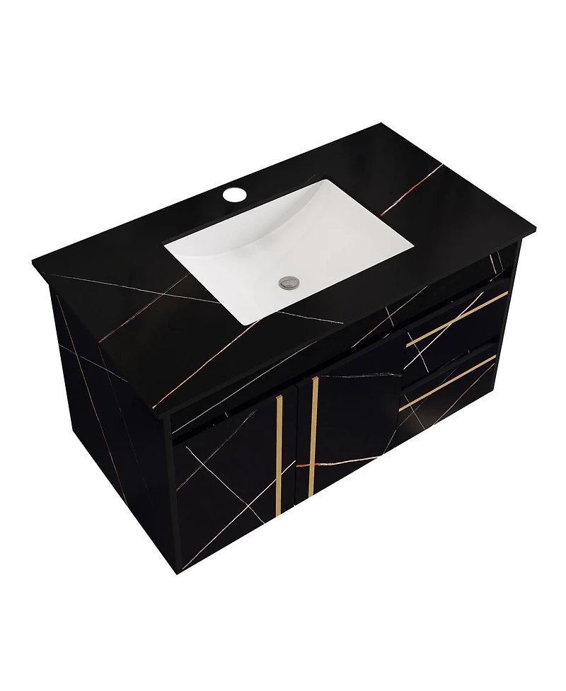 Sillysis Floating Bathroom Vanity with Faux Marable Top, Integrated Ceramic Sink, Soft Close Drawers, Luxury Modern
