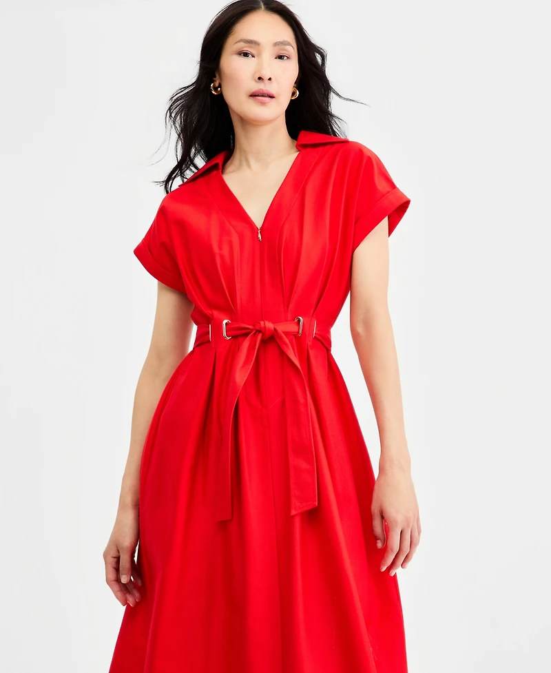 Halston Women's Collared Belted Grommet-Waist Midi Dress