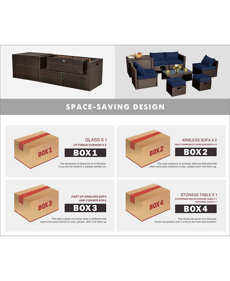 Gymax 8 Pcs Outdoor Wicker Furniture Set w/Storage Box Tempered Glass Table 2 Ottomans