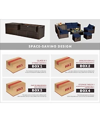 Gymax 8 Pcs Outdoor Wicker Furniture Set w/Storage Box Tempered Glass Table 2 Ottomans