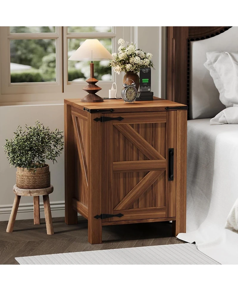Gaomon Bedside Table with Usb Charging Station – Rustic Wooden Bedside Table with Sliding Barn Door, Adjustable Shelf