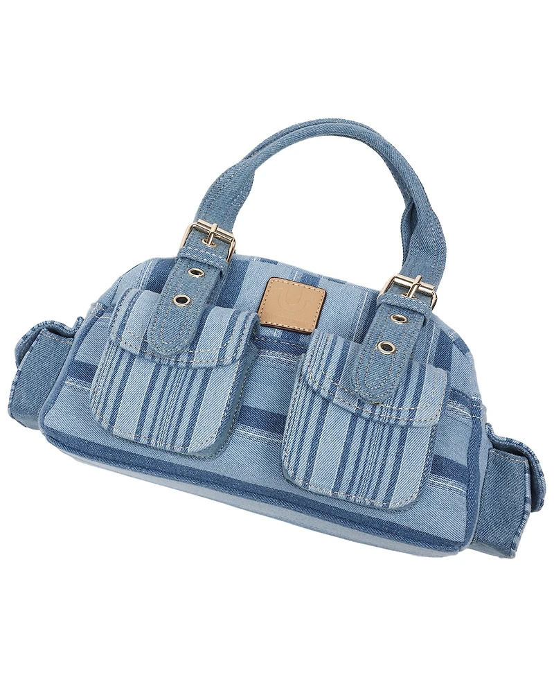 True Religion Multi Stripe Soft Satchel – Mini Handbag with Utility Pockets