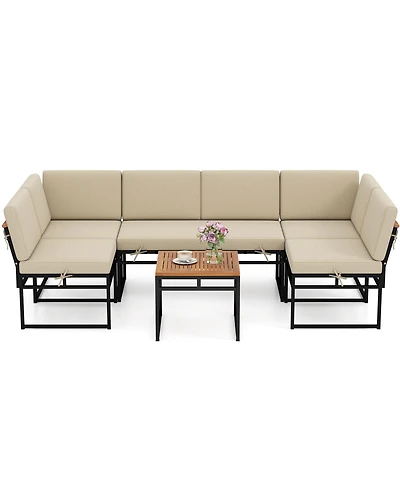 Gymax Set Of 6 Outdoor Sectional Sofa Set Metal Conversation Set w/ Bungee Rope Seat