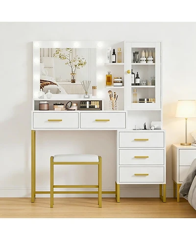 Gaomon Large Makeup Vanity Set with Led Lighted Mirror, Stool, Shelves and Charging Station