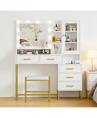 Gaomon Large Makeup Vanity Set with Led Lighted Mirror, Stool, Shelves and Charging Station