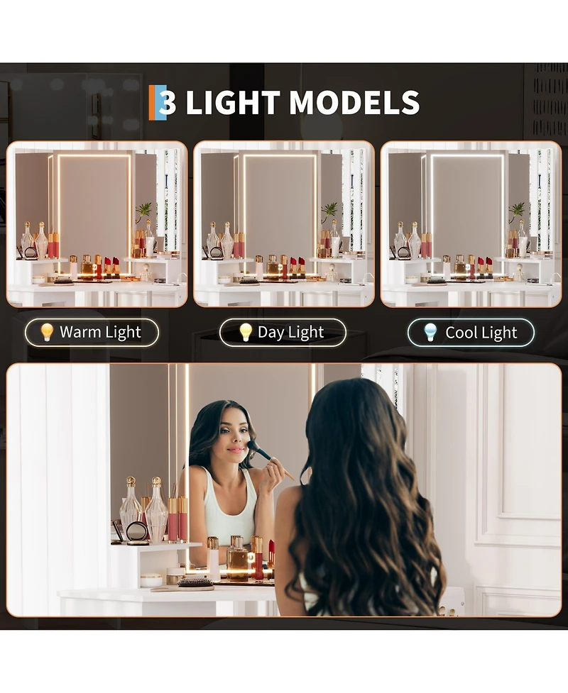 Gaomon Corner Makeup Vanity Desk with Led Lighted Mirror, Storage Cabinet and Charging Station