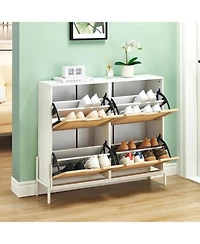 Homfan Rattan 4 Flip-Down Door Shoe Cabinet with 3-Gear Adjustable Shelves, Modern Freestanding Shoe Rack Organizer for Heels/Sneakers/Boots