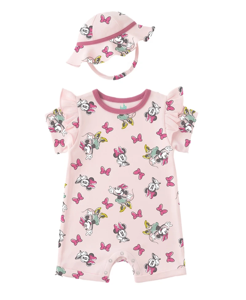 Disney Baby Girls' Minnie Print Romper and Hat, 2-Piece Set