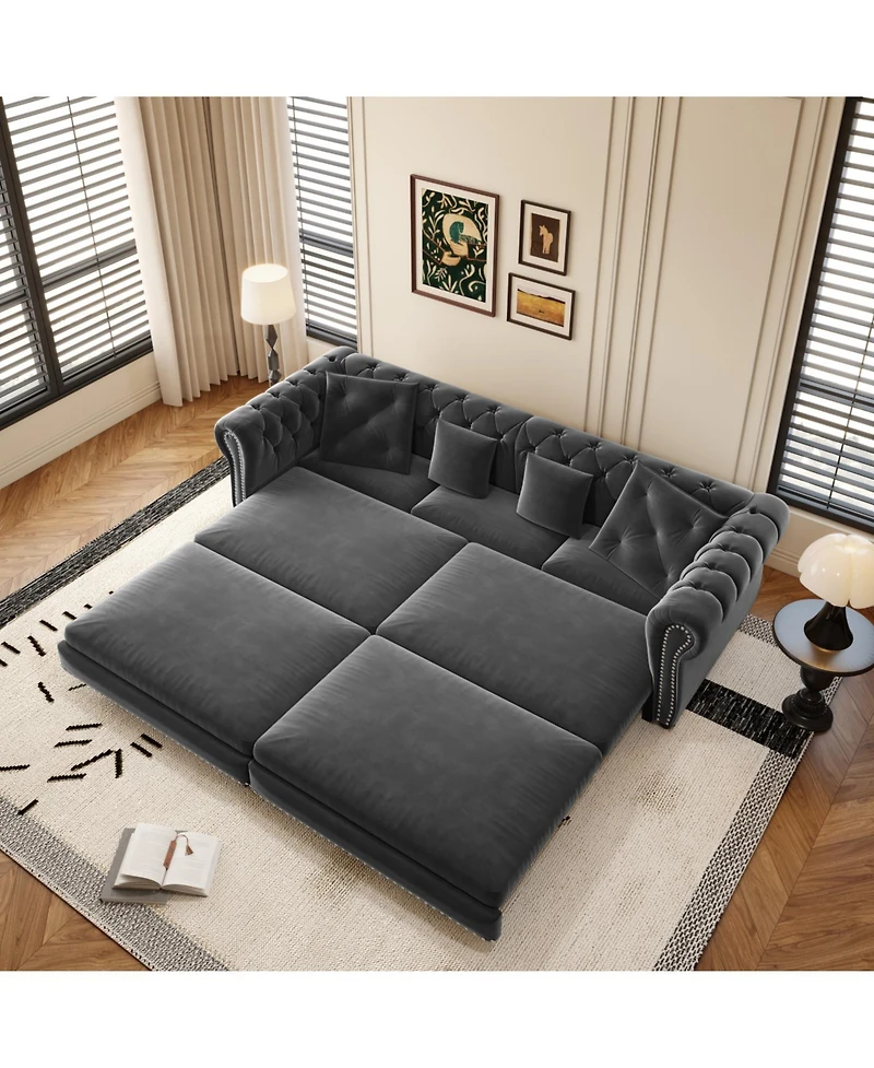 Streamdale Chesterfield Velvet Pull-Out Sofa Bed with Ottoman