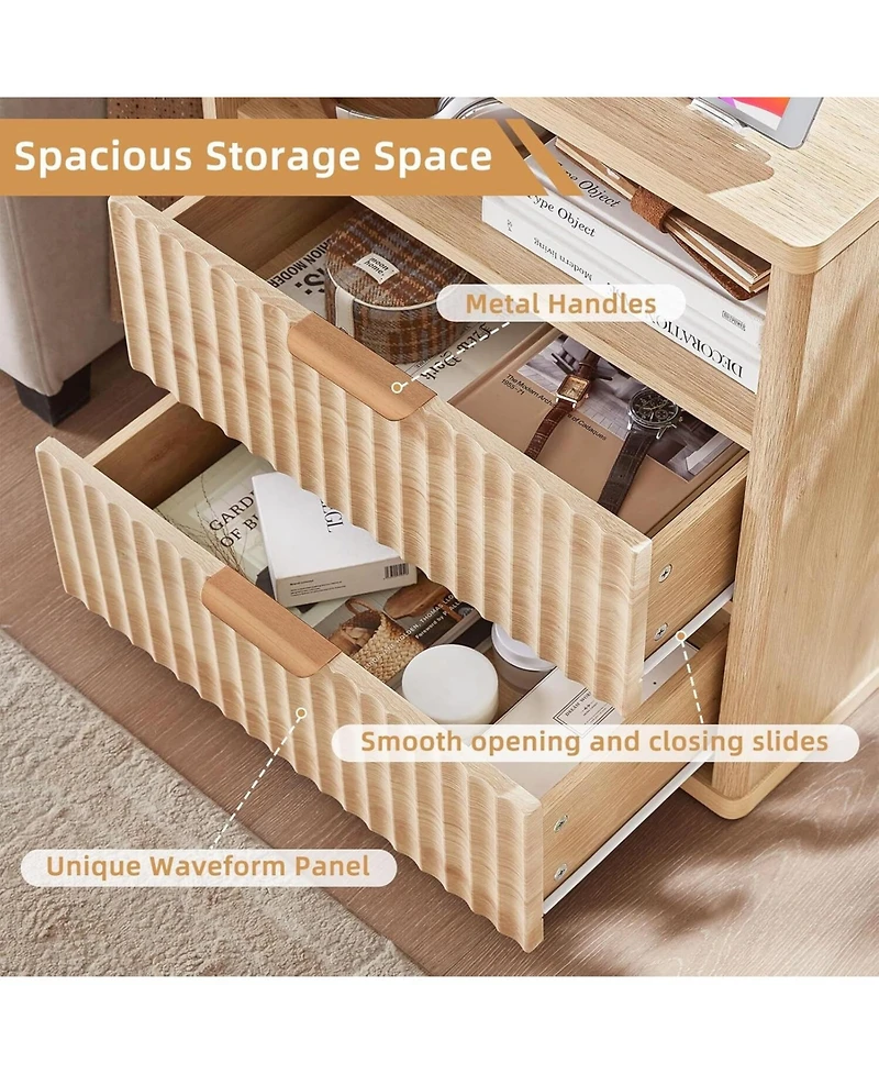 gaomon Farmhouse 23" Fluted Nightstand with 2 Drawers and Charging Station