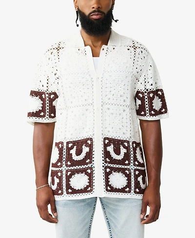 True Religion Men's Short-Sleeve Logo Crochet Knit Shirt