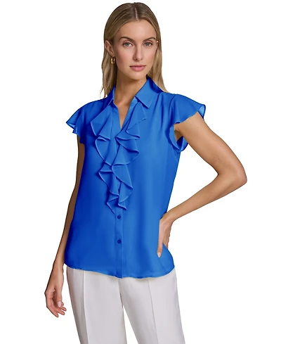 Calvin Klein Women's Ruffle-Front Collared Neck Top