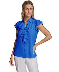 Calvin Klein Women's Ruffle-Front Collared Neck Top