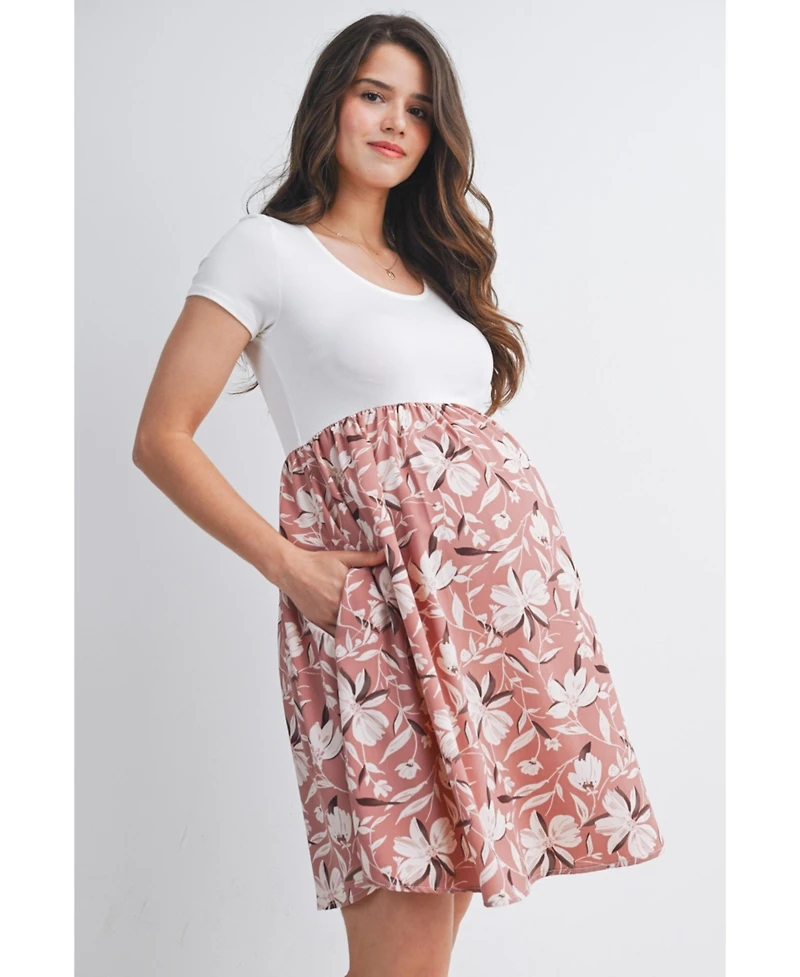 Hello Miz Maternity Floral Scoop Neck Short Sleeve Dress with Pockets