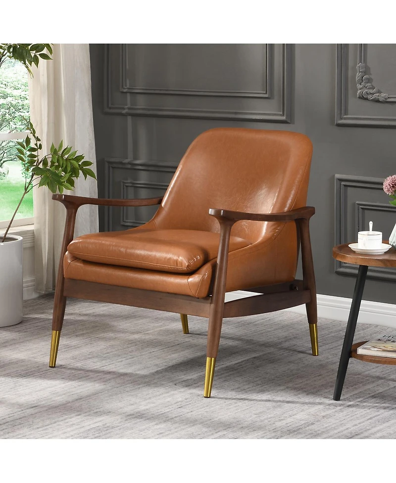 Streamdale Furniture Mid-Century Faux Leather Accent Chair with Cushioned Seat and Solid Wood Frame