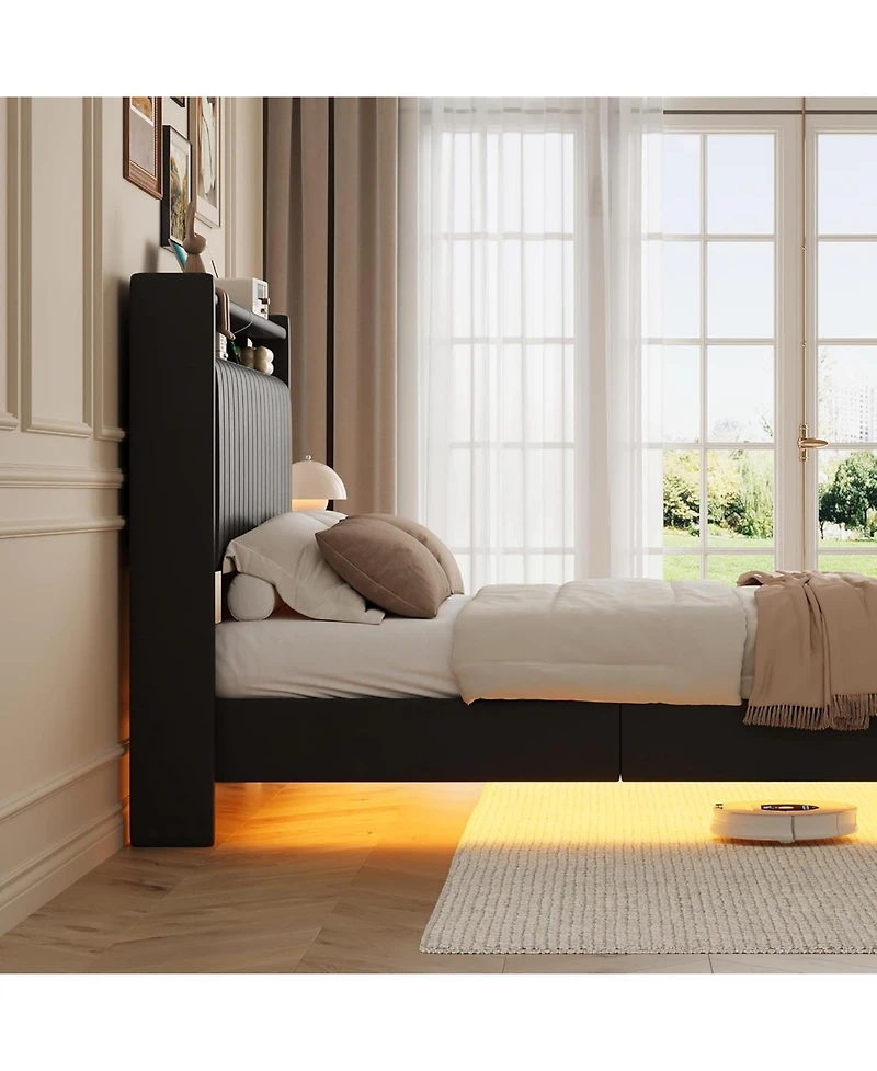 gaomon Full Floating Bed Frame Rgb Led Charging Upholstered Headboard Storage Platform 50 Inch Leather