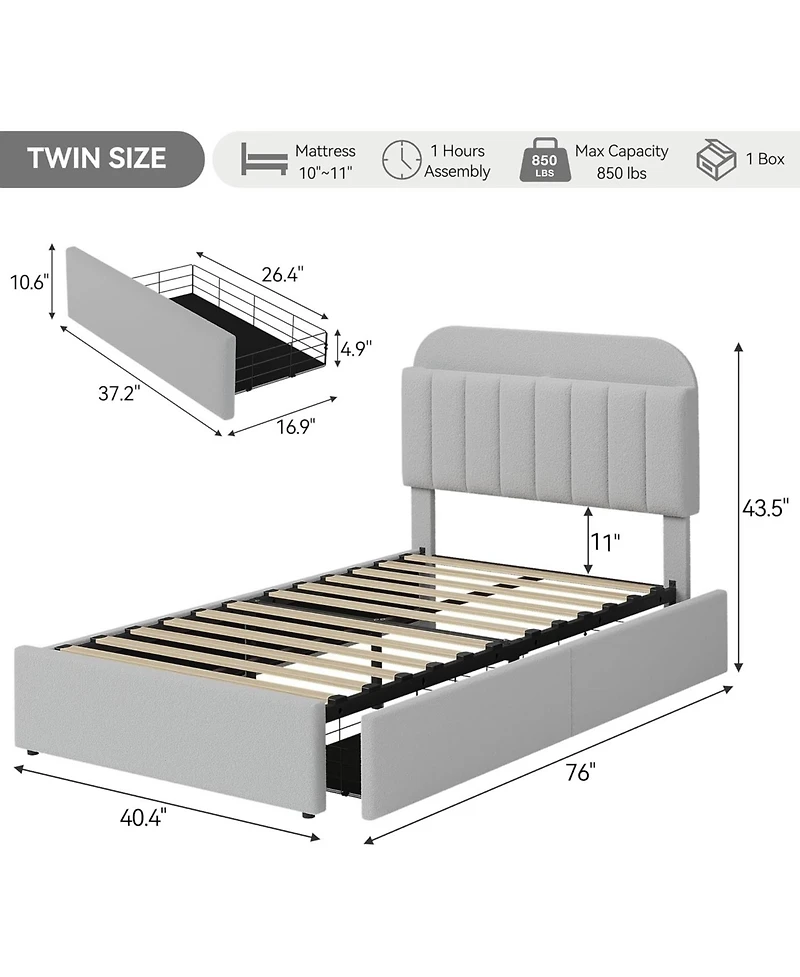 gaomon Bed Frame with Storage Headboard, Kids 2 Drawers, Boucle Upholstered Platform Bookcase