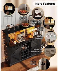 gaomon Farmhouse 55" Coffee Bar Cabinet with Sliding Barn Door & Power Outlet Led Light, Large Kitchen Hutch