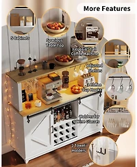 gaomon Farmhouse 55" Coffee Bar Cabinet with Sliding Barn Door & Power Outlet Led Light, Large Kitchen Hutch