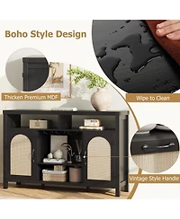 gaomon Farmhouse Wine Bar Cabinet, 52 in Rattan Coffee Bar with Adjustable Storage Shelves, Boho Liquor Sideboard with Wine Racks for Living