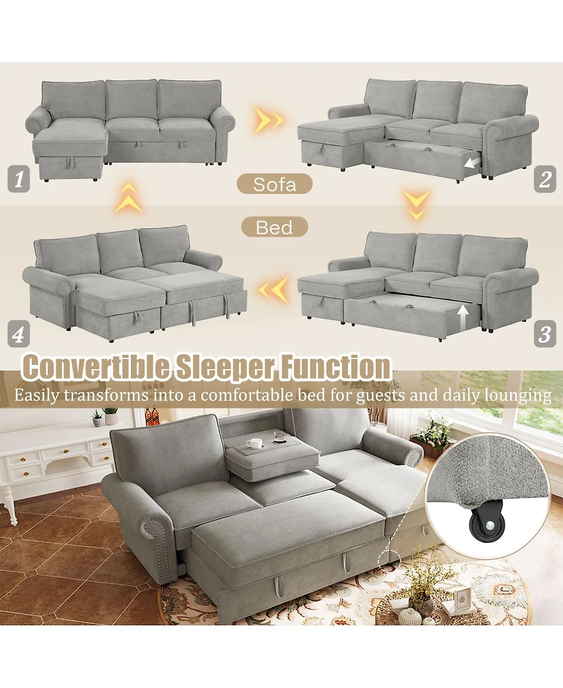 Streamdale Furniture 95" Convertible Sectional Sleeper Sofa w/ Storage Chaise & Cup Holders