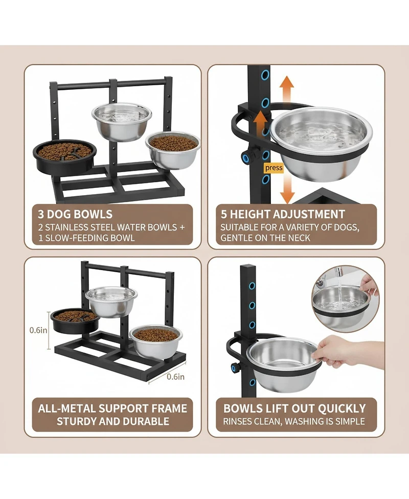 Aronkl Dual Sided Elevated Dog Stand 5 Adjustable Heights 3 Bowls Slow Feeder Stainless Steel Non Slip