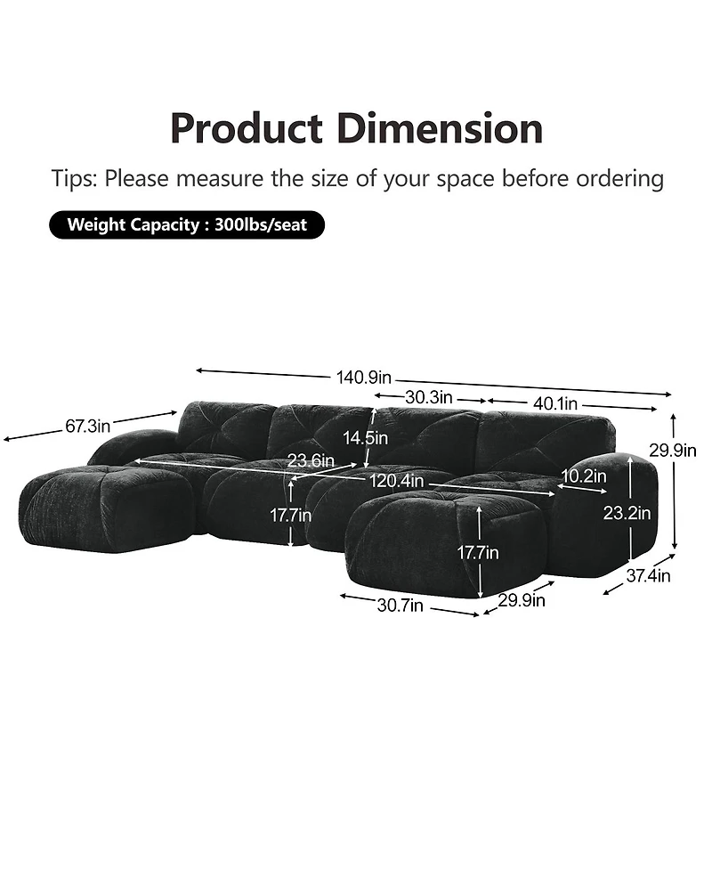 Streamdale Furniture U-shaped Boneless Sofa, Tufted, 32D High Density Sponge