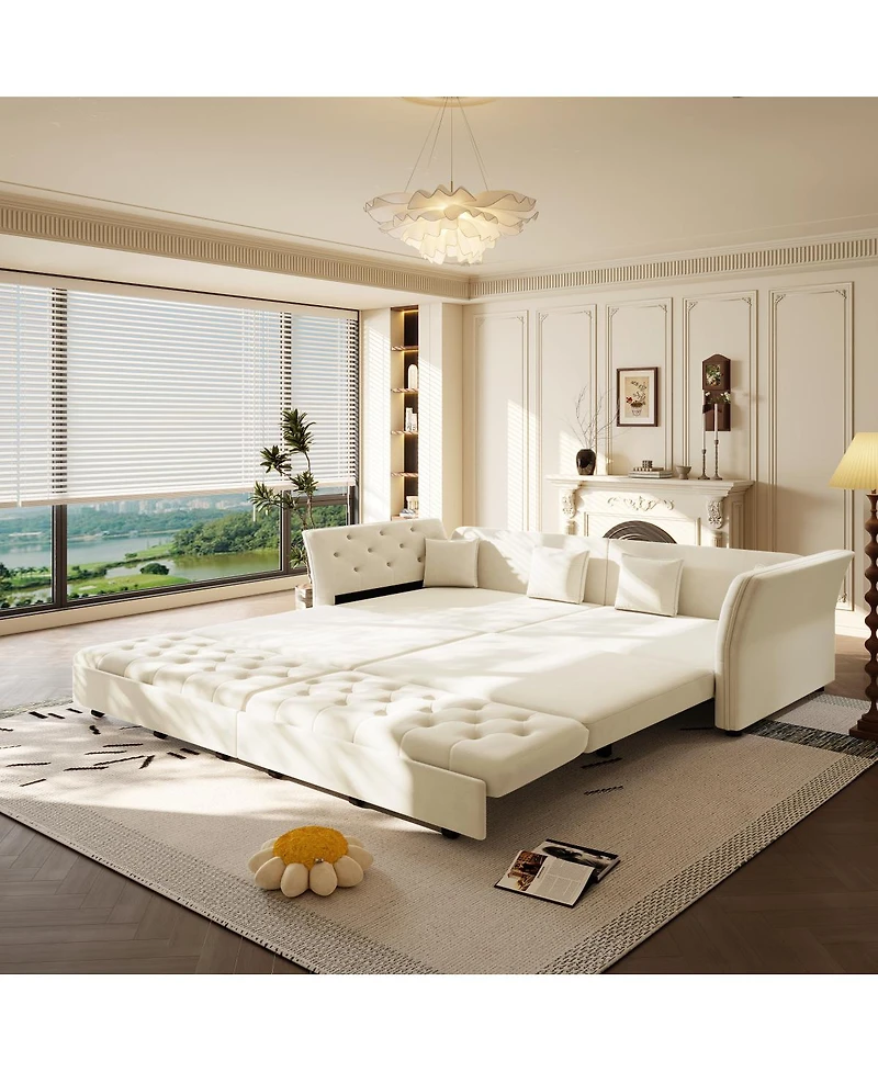 Streamdale Furniture Oversize Pull Out Sofa Bed with Fabric Flower Tufted Design, Velvet Loveseat Bed