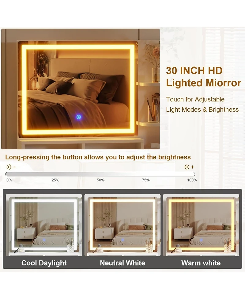 gaomon Modern Fluted Makeup Vanity Desk with Lighted Mirror, 5 Drawers and Power Outlet