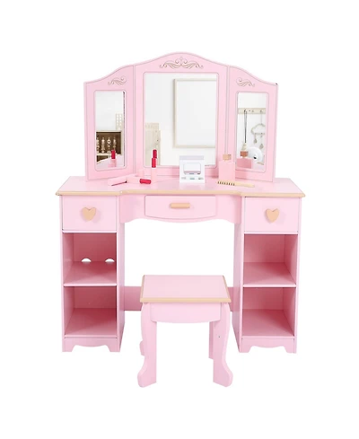 gaomon Kids Pretend Play Vanity Set with Tri-Fold Mirror and Stool