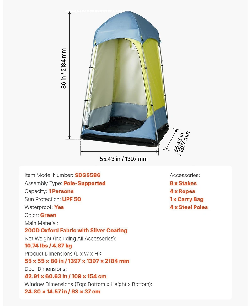 Mecale 1-Room Camping Shower Tent Privacy Shelter with Stakes and Carry Bag