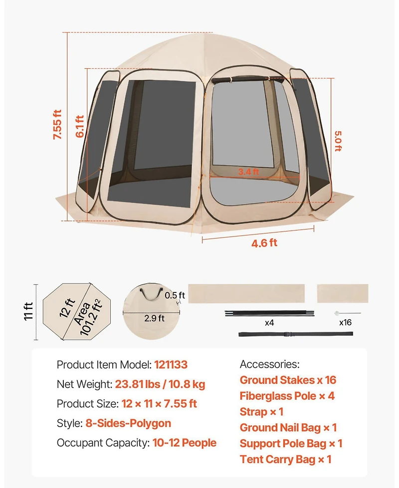 Mecale 12 x 11 Ft Pop-Up Screen House Tent for 10-12 People