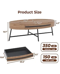 gaomon Mid-Century Modern Oval Coffee Table with Drawer and Cross Metal Legs