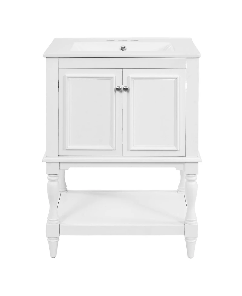 Sillysis 24" Bathroom Vanity with Ceramic Sink, Solid Wood Legs, Carved Palace Style Cabinet, Open Shelf for Small