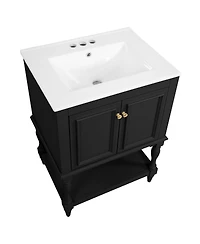 Sillysis 24" Bathroom Vanity with Ceramic Sink, Solid Wood Legs, Carved Palace Style Cabinet, Open Shelf for Small